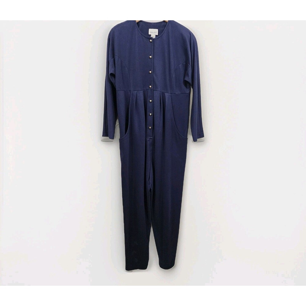 Mothers Work Vintage 80's Classic Knit Jumpsuit Navy Gold Button-down Womens 8